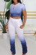 Blue Casual Print Boot Cut Short Sleeve Two Pieces