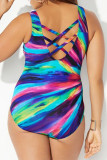 Colour Casual Print Patchwork U Neck Plus Size Swimwear