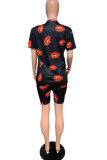 Black Fashion Casual adult Patchwork Print Two Piece Suits Lips Print Straight Short Sleeve Two Pieces