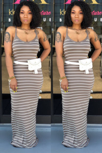 Grey Sexy Fashion Spaghetti Strap Sleeveless Slip Step Skirt Floor-Length Striped Casual Dress