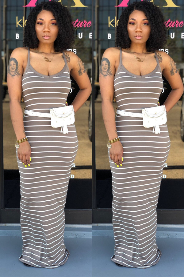Grey Sexy Fashion Spaghetti Strap Sleeveless Slip Step Skirt Floor-Length Striped Casual Dress