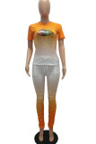 Orange Fashion Casual adult Ma'am O Neck Print Two Piece Suits Lips Print Pattern Plus Size