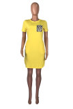 Light Blue Fashion adult Street Pink Yellow Light Blue purple Cap Sleeve Short Sleeves O neck Pencil Dress Knee-Length Print Patchwork Leopard Pocket Dresses