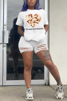 White Sexy Twilled Satin Print Ripped O Neck Short Sleeve Regular Sleeve Regular Two Pieces
