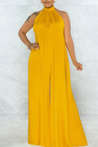 Yellow Elegant Solid Patchwork Backless Halter Loose Jumpsuits