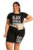 Black Fashion Casual adult O Neck Letter Patchwork Print Two Piece Suits Plus Size
