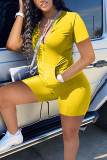 Yellow Simplicity Solid Patchwork Zipper Half A Turtleneck Short Sleeve Two Pieces