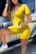 Yellow Simplicity Solid Patchwork Zipper Half A Turtleneck Short Sleeve Two Pieces