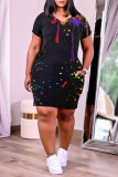 Grey Fashion Casual Print Basic V Neck Short Sleeve Dress