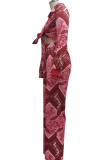 Red Sexy Print Patchwork V Neck Long Sleeve Two Pieces