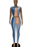 Blue Fashion Casual Patchwork Basic O Neck Sleeveless Two Pieces
