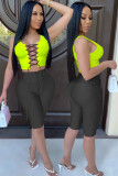 Blue Active Patchwork Solid contrast color bow-knot HOLLOWED OUT Straight Sleeveless Two Pieces
