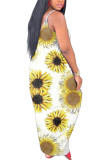 White Fashion Street White Brown Yellow Spaghetti Strap Sleeveless V Neck Pencil Dress Floor-Length Print Floral Animal Dresses