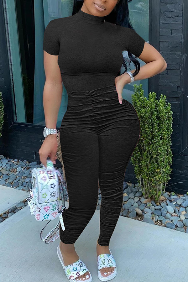 Black Fashion Casual Solid Draped Short Sleeve O Neck Jumpsuits