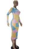 Yellow Fashion Casual Adult Print Patchwork O Neck Long Sleeve Knee Length A Line Dresses