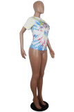 White Blue Yellow purple colour O Neck Short Sleeve Patchwork Print Character Tops