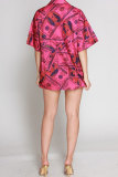 Red Nylon Turndown Collar Short Sleeve Patchwork Print Slim fit Button Tops