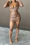 Brown Sexy Solid Patchwork Turndown Collar Long Sleeve Two Pieces