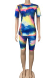 Fluorescent green Spandex Fashion Casual adult Ma'am O Neck Geometric Tie Dye Two Piece Suits Stitching Plus Size 