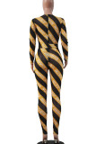 Yellow Sexy Print O Neck Skinny Jumpsuits
