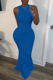 Blue Lightly cooked Sleeveless O neck Swagger Floor-Length Solid Dresses