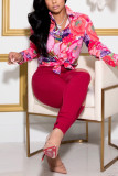 Pink Fashion Casual Print Basic Turndown Collar Tops