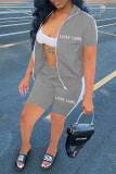 Grey Casual Sportswear Letter Embroidered Patchwork Zipper Collar Short Sleeve Two Pieces