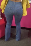 Light Blue Casual Solid Ripped Straight Small Elastic High Waist Speaker Bottoms
