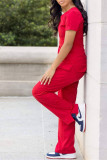 Red Fashion Casual Solid Basic V Neck Short Sleeve Two Pieces