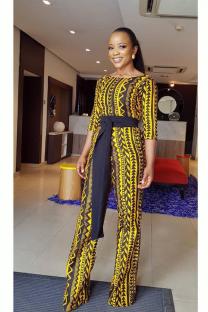 Yellow Casual Fashion bandage Print Asymmetrical Long Sleeve Peter Pan Collar Jumpsuits