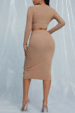 Khaki Elegant Solid Patchwork Slit Square Collar Long Sleeve Two Pieces