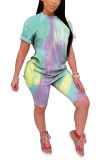 Blue Fashion Casual adult Patchwork Print Tie Dye Two Piece Suits Straight Short Sleeve Two Pieces