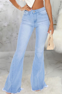 Baby Blue Fashion Sexy Solid Pants High Waist Boot Cut Denim
