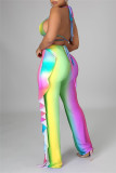 Yellow Fashion Sexy Print Backless Strap Design Halter Sleeveless Three-piece Set