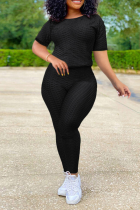 Black Casual Solid Patchwork O Neck Short Sleeve Two Pieces