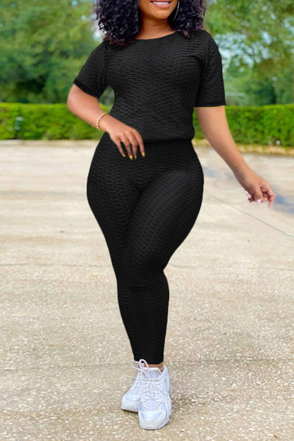 Black Casual Solid Patchwork O Neck Short Sleeve Two Pieces