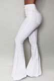 Red Street Solid Buckle Boot Cut High Waist Speaker Patchwork Bottoms