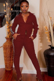 Wine Red Casual Two Piece Suits Patchwork Solid Loose Long Sleeve Two-piece Pants Set