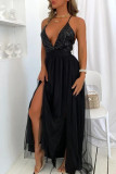 Black Sexy Patchwork Sequins Backless Spaghetti Strap Long Dress