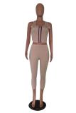 Coffee Fashion Sexy Solid crop top Striped Slim fit Skinny Sleeveless Two-piece Pants Set