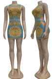 Yellow Sexy Print Patchwork O Neck Pencil Skirt Dresses
