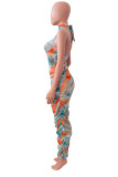 Orange Fashion Sexy Print Backless Halter Sleeveless Dress Dresses