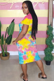 Blue Fashion Casual adult White Blue Green Pink Yellow Multi-color multicolor Cap Sleeve Short Sleeves O neck A-Line Mid-Calf Print Patchwork Ombre bandage Dresses