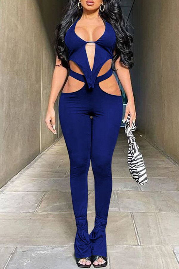 Royal Blue Fashion Sexy Solid Hollowed Out Backless Halter Sleeveless Two Pieces