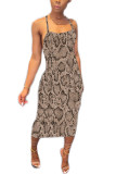 Camouflage Fashion Sexy Leopard print Camouflage serpentine Spaghetti Strap Sleeveless Slip Step Skirt Mid-Calf Print Dresses
