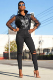 Black PU Turtleneck Long Sleeve Puff sleeve Solid perspective Patchwork Mesh Dot 