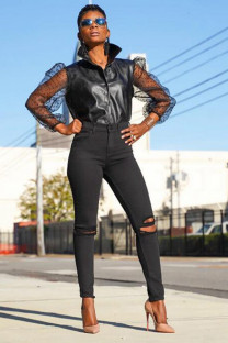 Black PU Turtleneck Long Sleeve Puff sleeve Solid perspective Patchwork Mesh Dot 