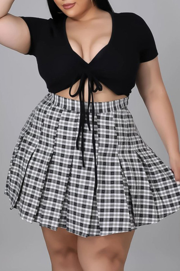 Black Sexy Plaid Print Patchwork Frenulum V Neck A Line Plus Size Two Pieces