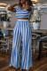 Blue White Fashion Casual Striped Print Basic O Neck Short Sleeve Two Pieces