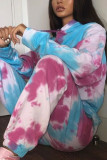 Blue Sportswear Spandex Blends Print Draw String Tie-dye Hooded Collar Long Sleeve Regular Sleeve Regular Two Pieces